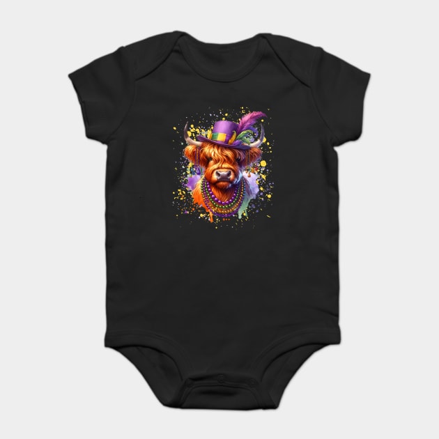 Mardi Gras Highland Cow Baby Bodysuit by HolidayBug